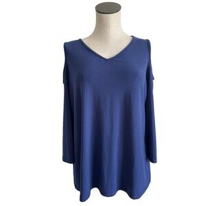 Susan Graver Liquid Knit Blue Cold Shoulder Tunic Top V-Neck Blouse Size Large
